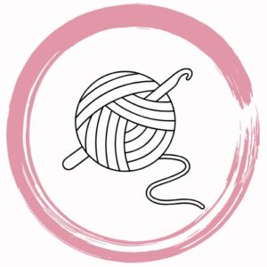 Ilustración de línea de un ovillo de lana con aguja de ganchillo sobre un círculo rosa pintado a mano