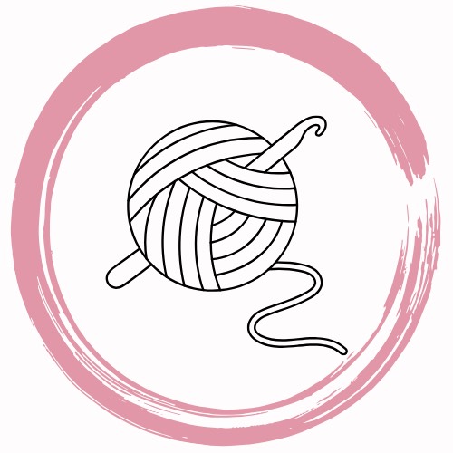 Ilustración de línea de un ovillo de lana con aguja de ganchillo sobre un círculo rosa pintado a mano