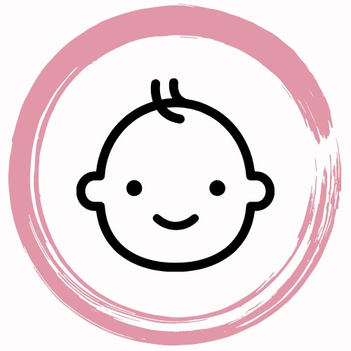 Ilustración de línea de la cara sonriente de un bebé sobre un círculo rosa pintado a mano