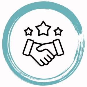 Ilustración de un apretón de manos con estrellas, símbolo de colaboración, sobre un círculo turquesa