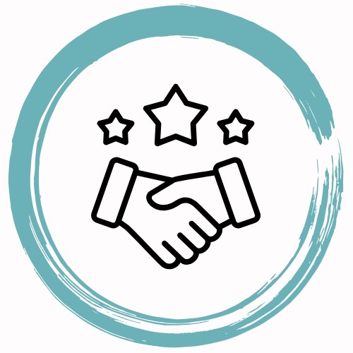 Ilustración de un apretón de manos con estrellas, símbolo de colaboración, sobre un círculo turquesa