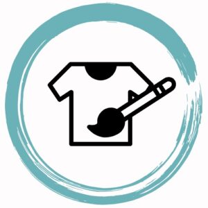 Ilustración de una camiseta con pincel, símbolo de estampación textil, sobre un círculo turquesa