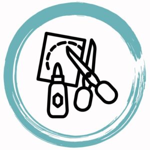 Ilustración de tijeras y material de manualidades sobre un círculo turquesa pintado a mano
