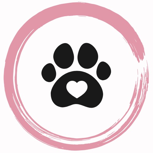 Ilustración de una huella de pata con corazón sobre un círculo rosa pintado a mano