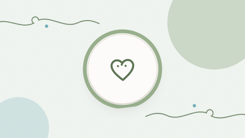 Ilustración de un corazón cosido en un círculo verde salvia, con hilos de fondo