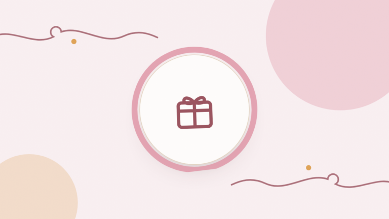 Ilustración de un paquete de regalo con lazo en tonos rosas, con hilos decorativos
